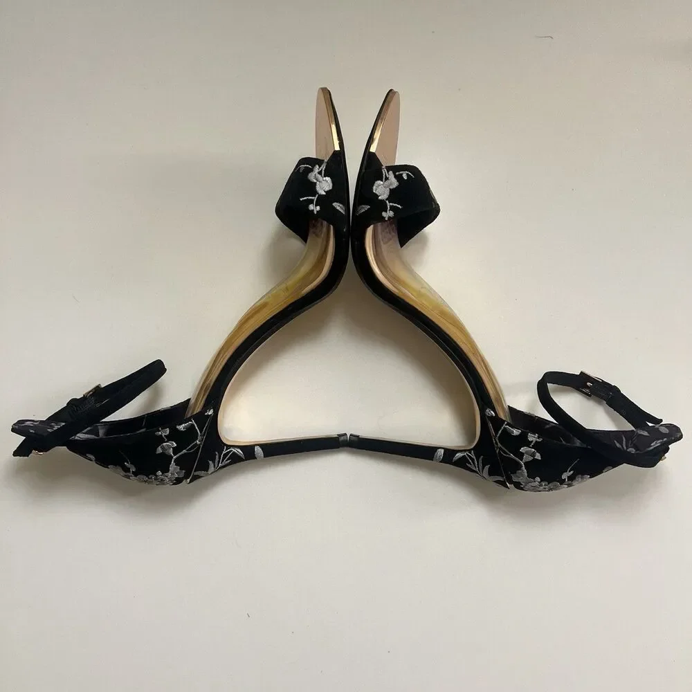 Ted Baker London NIKOAL Floral Black Velvet Ankle Strap Heel Stiletto Size 10 40 - Picture 7 of 9